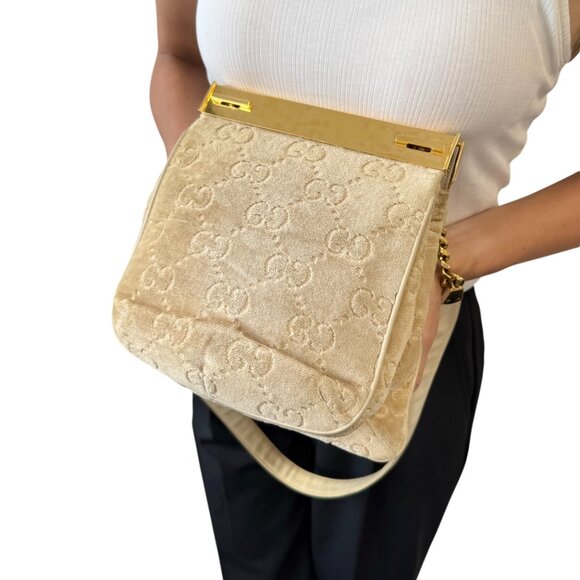 GUCCI Vintage GG Monogram Logo Shoulder Bag Crossbody Cream Gold Velour [105802] - Picture 5 of 13